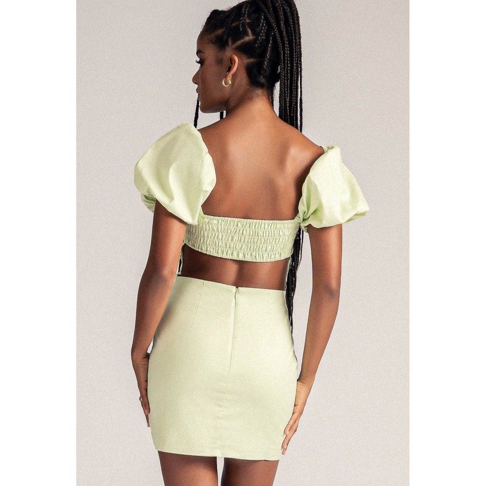 MESHKI Leonie Celery Green Puff Sleeve Cutout Bodycon Mini Dress DR02058WD3 M